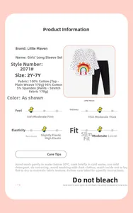 Detail view of cotton fabric specifications and rainbow patch on girls long sleeve set