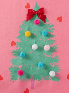 Pink Christmas girls' set featuring 3D green tree with colorful pom-poms and red bow