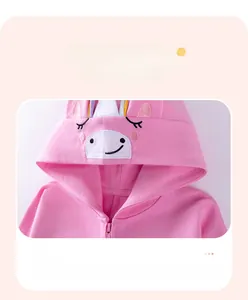 Detailed close-up of pink toddler hoodie featuring a cute animal hood and zip-front closure