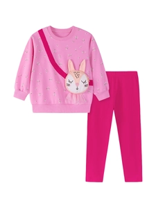 Pink floral sweatshirt with 3D bunny pocket and matching leggings for toddler girls