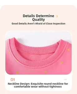 Detail showing pink ribbed round neck collar with gold star print on soft cotton dress
