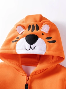 Bright orange tiger-themed hooded sweatshirt for boys featuring 3D ears and zipper closure