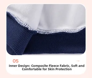 Detailed close-up of navy knit sweatshirt showing thick white fleece lining and neat stitching