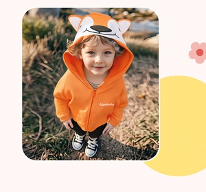 Détail du sweat à capuche renard orange pour enfant avec oreilles 3D et imprimé