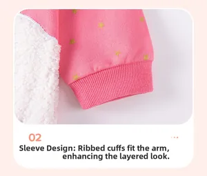Detail of pink ribbed cuffs with gold stars and soft white faux fur patchwork on sleeve