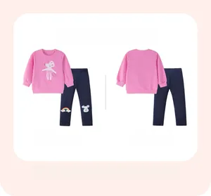 Front and back view of girls pink sweatshirt with mouse embroidery and navy pants