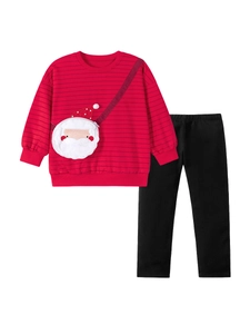 Girls' Christmas red striped long-sleeve cotton sweatshirt and pants set with Santa motif