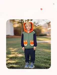 Close-up of boys fox themed hooded jacket with cute ear details and color block design