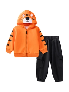 Toddler boys orange tiger hoodie and black cargo pants set with 3D ears and stripes