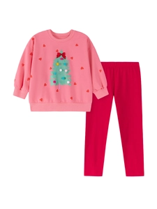 Toddler girls Christmas pink sweatshirt with tree and heart prints and dark red trousers
