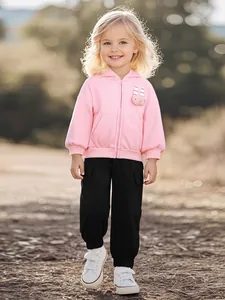 Ensemble de Vêtements Décontractés pour Petites Filles Sweat à Capuche Lapin Doublé Polaire Rose et Pantalon Cargo Noir
