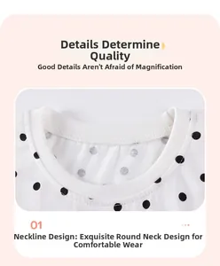 Close-up of the neat crew neckline on children cotton polka dot long sleeve outfit