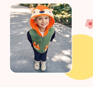 Detail of fox-themed toddler hoodie with cute 3D ears and cartoon animal appliques