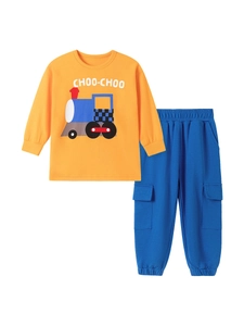 Jungen-Langarmset mit orangefarbenem Zug-Sweatshirt und blauer Cargo-Hose