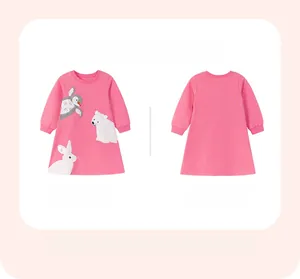 Front and back view of girls' long sleeve pink dress with penguin and polar bear embroidery