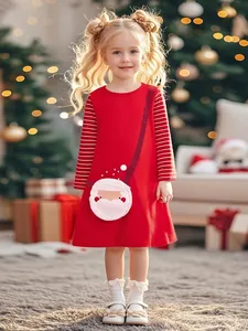 Vestito di Natale da Ragazza a Manica Lunga Rosso a Righe Patchwork con Applicazione Babbo Natale Cotone Morbido Abbigliamento Festa