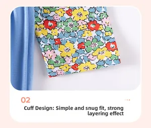 Détail des manches de robe en coton pour fille montrant tissu bleu et motif floral