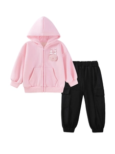 Veste rose à capuche avec lapin et pantalon cargo noir ensemble pour petites filles