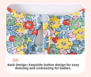 Détail du dos d'une robe en coton à fleurs avec bouton unique et ouverture en goutte d'eau