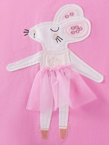 Pink girl's outfit featuring a detailed ballet mouse embroidery with a pink mesh tutu skirt