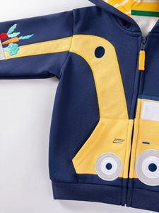Boys navy blue hoodie with yellow excavator print and vegetable sleeve embroidery