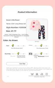 Detailed sizing chart and fabric composition for girls pink sweatshirt and floral pants set