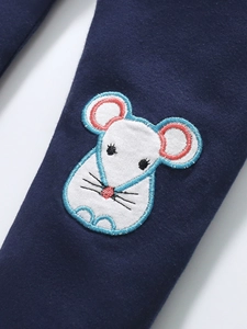 Navy blue girls' knitted cotton set featuring a detailed cartoon mouse embroidery