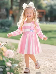 Mädchen Gestreiftes Kleid Langarm Baumwolle Hasen Patchwork Schleife Lässig Rosa Weiß Kleinkinder Kinder Herbst Prinzessin Kleid