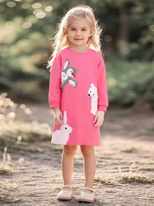 Girls Cotton Long Sleeve Dress Cute Animal Applique Star Pattern Princess Skirt For Kids Autumn Daily Party Pink Clothing