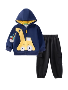 Boys hooded sweatshirt and cargo pants set with yellow excavator embroidery on dark blue