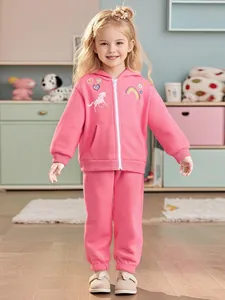 Girls Pink Fleece Hoodie And Pants Outfit With Unicorn Rainbow Embroidery Cotton Blend Comfortable Long Sleeve Warm Tracksuit