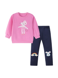 Girls long-sleeve pink sweatshirt and navy pants set with ballet mouse and rainbow motifs