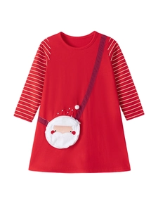 Abito natalizio da bambina a maniche lunghe rosso con maniche a righe e Babbo Natale