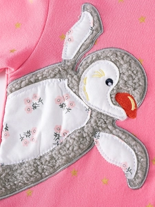 Pink knit girl dress with gold stars and detailed 3D penguin embroidery patch