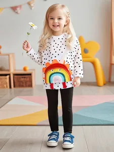 Girls Autumn Cotton Long Sleeve Outfit Set Rainbow Polka Dot Pattern Pullover Top And Pants Two Piece Casual Kids Clothes
