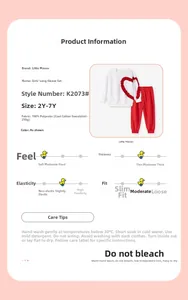 Detailed fabric specification for girls' long-sleeve heart set with washing instructions