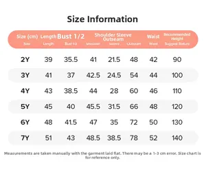 Size information chart for girls' heart pattern autumn clothing sets ages 2 to 7 years