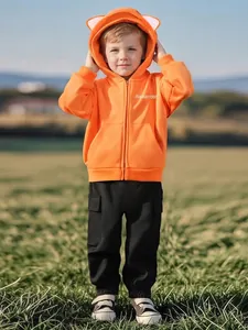 Vêtements d'Automne Hiver pour Garçons Sweat à Capuche Doublé Polaire et Pantalon Cargo Haut à Capuche Renard Orange Pantalon Noir