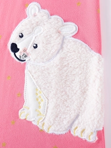 Pink girl's cotton dress featuring a fuzzy polar bear applique and yellow star prints