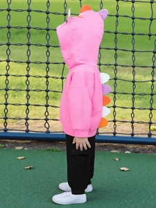 Pink cotton girls hoodie set with 3D dinosaur spikes and black joggers for outdoor play