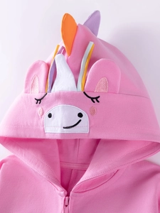 Pink cotton unicorn hoodie for girls with 3D ears and colorful mane detail