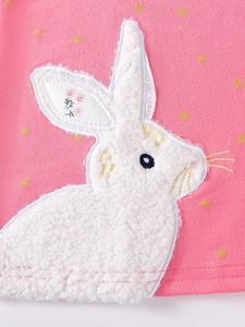 Pink girls cotton dress featuring plush bunny applique with gold star print details