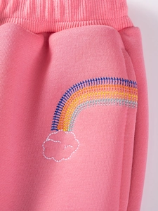 Pink toddler knit pants featuring rainbow cloud embroidery and ribbed elastic waistband