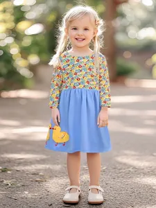 Robe Manches Longues Fille Patchwork Floral 100% Coton Applique Poussin Automne Vêtements Décontractés pour Enfants
