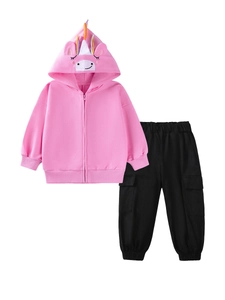 Toddler girls pink unicorn hoodie and black cargo pants two-piece cotton tracksuit set