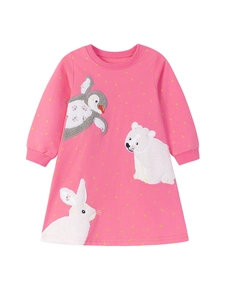 Pink cotton girls long sleeve dress with star print and cute animal applique embroidery