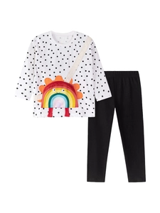 Girls long-sleeve cotton set with rainbow pocket, polka dot top and black trousers