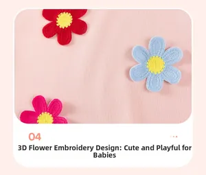 Detail of pink knitted fabric featuring three 3D embroidered flowers with yellow centers