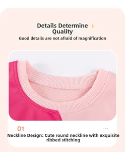 Detail view of pink ribbed crewneck and contrast stitching on children sweatshirt