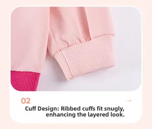 Detail of soft pink ribbed cuffs on long-sleeve cotton girl's clothing set